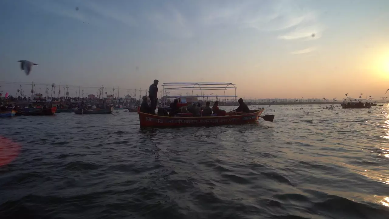Pilgrims gathered at the Sangam during the Magh Mela at Prayagraj